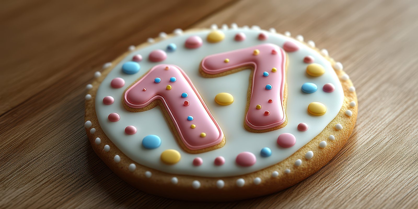 Decorative cookie with colorful icing and number seventeen, perfect for birthday celebrations or special occasions